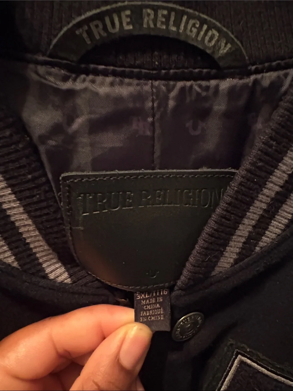 True Religion Black and Gray Varsity Bomber Jacket